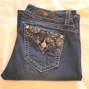 Miss Me Dark Wash Boot Cut Jeans W/Red Paisley Back Pockets